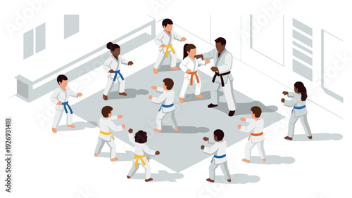 children practicing karate martial arts with instructor in dojo isometric illustration