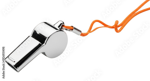 Silver whistle with orange cord isolated on transparent background