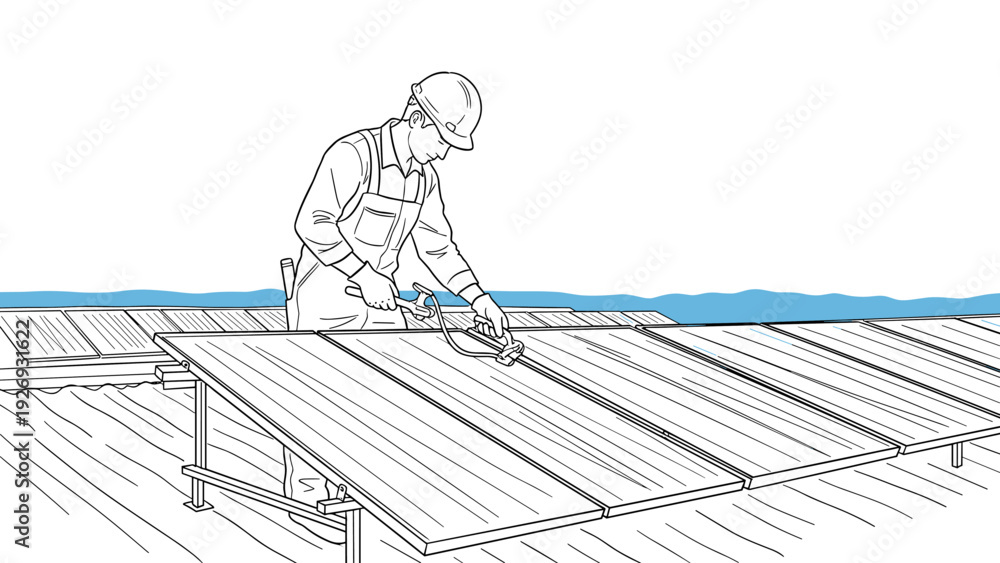 Naklejka premium manual worker hand drawn male carpenter on wooden floor using stapler tool in line art style