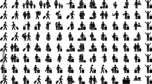 Collection of traveler silhouettes with luggage at airport, black vector icon set isolated on white background for travel and tourism concept.