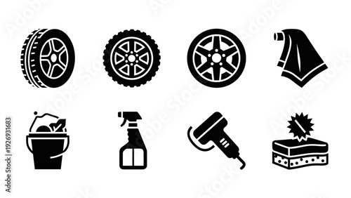 car wheel and cleaning supplies icon set in black silhouette style for auto care and maintenance