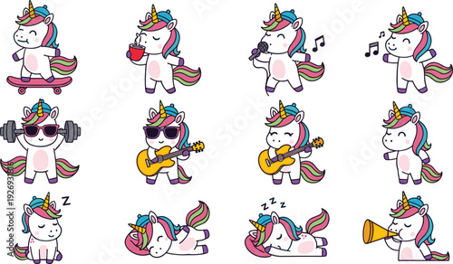 Cute unicorn character set with funny magical horse illustrations skateboarding, drinking coffee, singing, lifting weights, playing guitar, sleeping, and blowing party horn vectors.