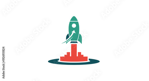 Rocket ship launching from cityscape platform.