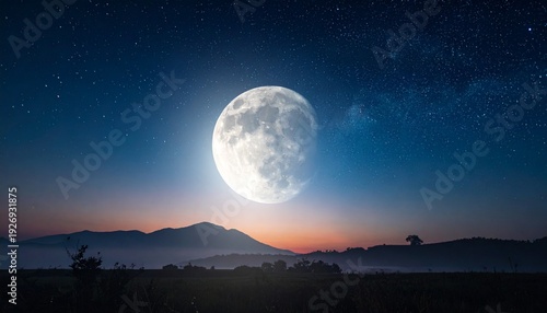 A serene full moon rises above the silhouette of distant mountains under a star-filled night sky