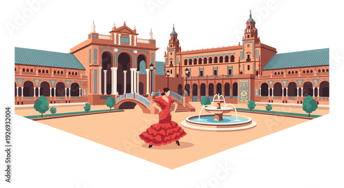 flamenco dancer in traditional dress performing in front of spanish plaza building in flat vector style
