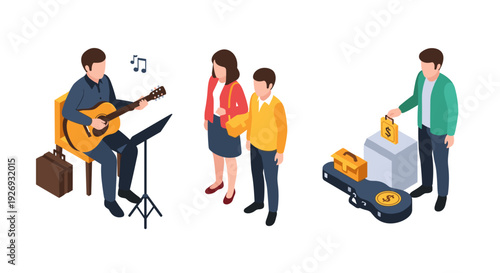 people interacting with street musician playing guitar in isometric style colorful vector illustration