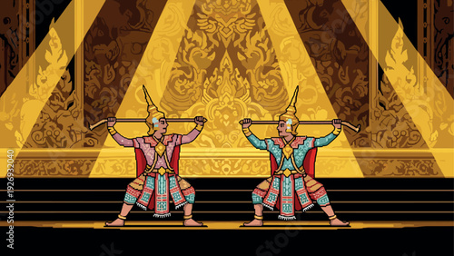 two traditional thai dancers in colorful costumes with gold headdresses hand drawn vector illustration