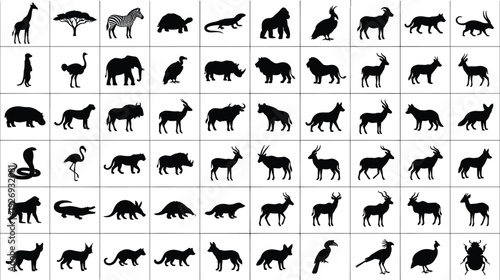 Collection of wild animal silhouettes in grid layout, black vector illustration set isolated on white background featuring mammals, birds and reptiles wildlife icons.