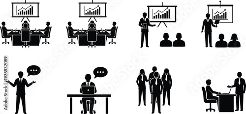 Business meeting and presentation silhouettes set with office team conference discussion speaker training seminar workplace concept isolated on white background