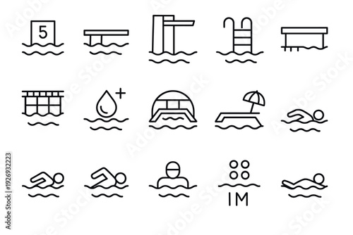 set of swimming pool and swimmer icons hand drawn outline style for sport and leisure design