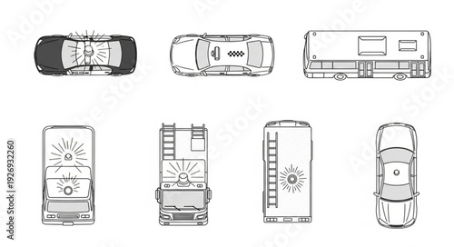 Overhead view of various vehicles, showcasing different car designs and layouts.