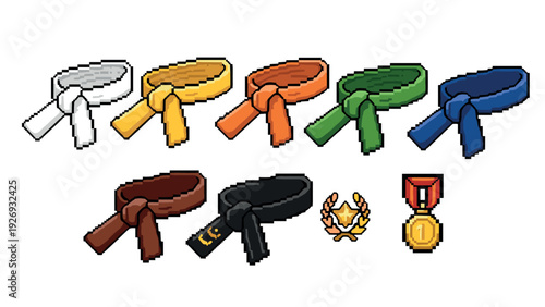 set of pixel art martial arts belts and medals in various colors with badges and awards icons