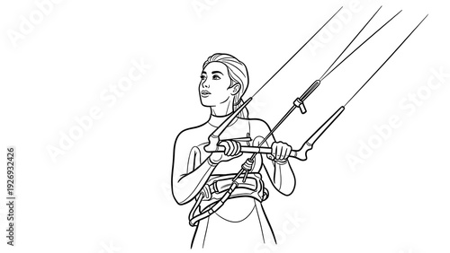 woman holding kite control bar hand drawn black and white line art illustration