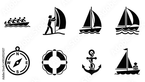 set of hand drawn sailing and boating icons including rowboat windsurfer sailboats compass lifebuoy and anchor