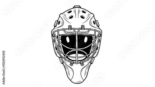 hockey goalie mask helmet front view hand drawn black and white illustration