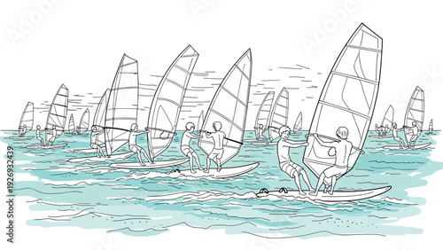 group of windsurfers on water hand drawn line art illustration summer sports activity