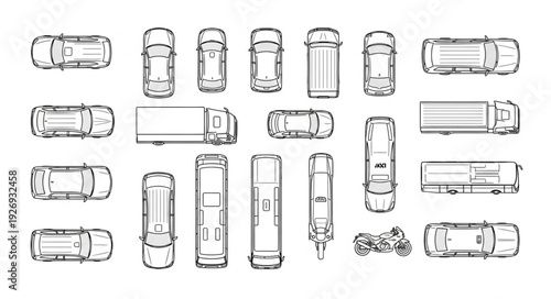 Overhead view of various vehicles, including cars, trucks, and vans, in a detailed line art illustration.