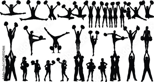 Cheerleader silhouettes set with pom poms jumping stunts lifts and dance poses isolated on white background, cheerleading team performance collection