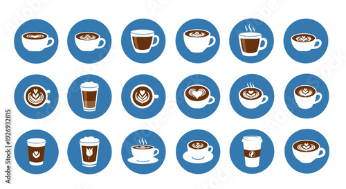 Set of Various Hot Coffee Cup Icons with Latte Art Designs on Blue Circles Isolated White Background