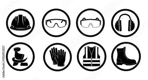Collection of Personal Protective Equipment Icons for Workplace Safety on Isolated White Background