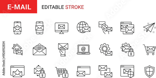 E-mail and digital communication editable stroke line icon set featuring newsletter subscriptions secure messaging mail delivery and electronic correspondence symbols for web design