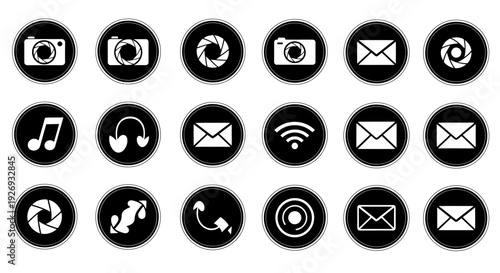 Set of digital and communication icons, including camera, aperture, email, wifi, and reload, in black circles on an isolated white background.