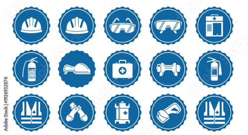 Set of industrial and construction safety icons with a decorative border, featuring hard hat, safety glasses, tools, first aid, and fire extinguisher, in blue circles on an isolated white background.