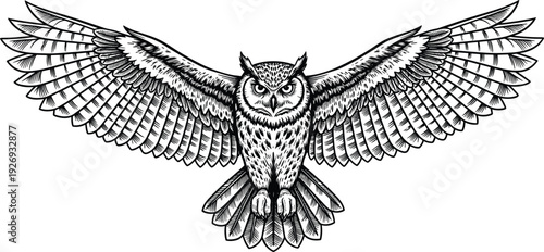 Detailed great horned owl illustration in flight with expansive wingspan, vintage engraving style woodcut bird of prey, and wild nocturnal predator vector.