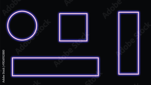Neon shapes on black background circle square rectangle and vertical bar
