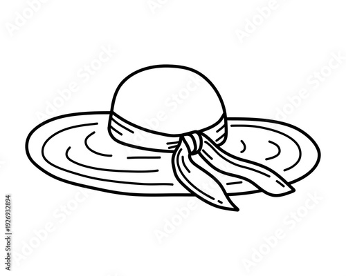 Wide brim summer hat with ribbon hand drawn outline illustration isolated on white background beach vacation fashion accessory. Vector illustration