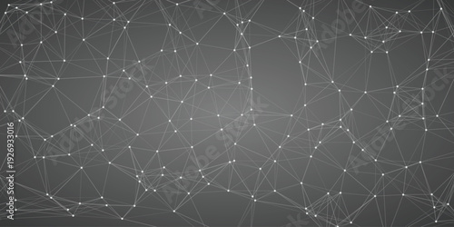Monochromatic abstract network of white nodes and lines on a grey gradient background representing interconnected data and technological structures