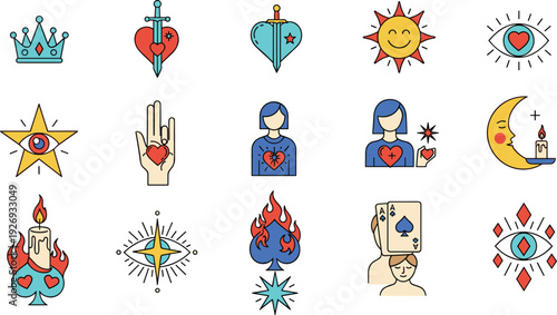 Esoteric mystical tattoo icon set with sacred heart, sword, celestial sun, moon crescent, third eye, crown, and tarot symbols in bold vintage style.