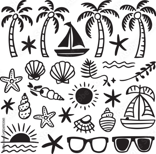 Black and white beach icons and symbols illustration