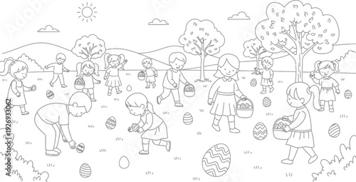 Happy children enjoying a cheerful outdoor activity while eagerly searching for colorful decorated eggs during a traditional springtime holiday event in a sunny park setting.