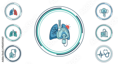 Human respiratory system, lungs, and medical health icons set, including a stethoscope and oxygen tank, on an isolated white background.
