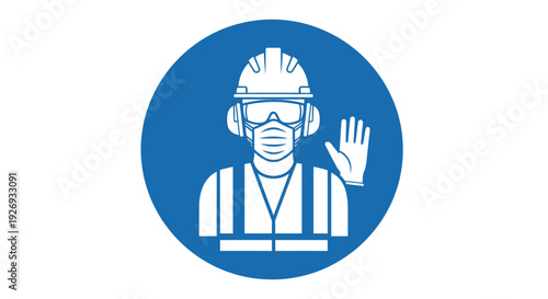 Worker Wearing PPE Showing Stop Sign, Safety Concept in Blue Circle on Bright Studio