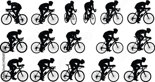 Cyclist silhouette set with road bike racing positions isolated on white background, professional cycling sport athlete riding collection
