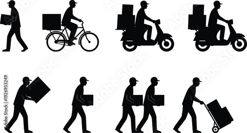 Delivery courier silhouettes set, man carrying boxes, bicycle and scooter parcel service vector illustration isolated on white background collection