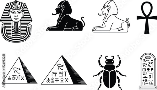 Ancient Egyptian icon set illustration, pharaoh sphinx ankh pyramids scarab hieroglyphs, black and white vector symbols collection, history, mythology, design