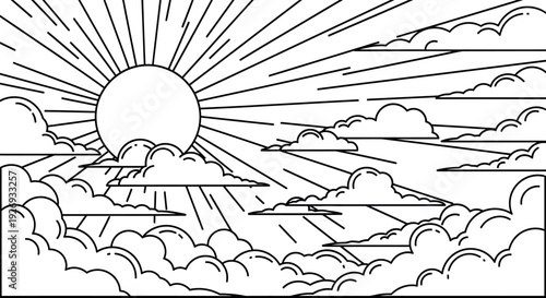 Black and white line art illustration depicting a bright sun emerging from behind layers of stylized clouds radiating powerful beams of light across the sky.