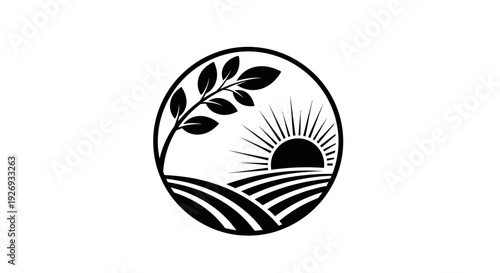 Organic Farm Logo with Sunrise Over Fields and Leafy Branch on Isolated White Background