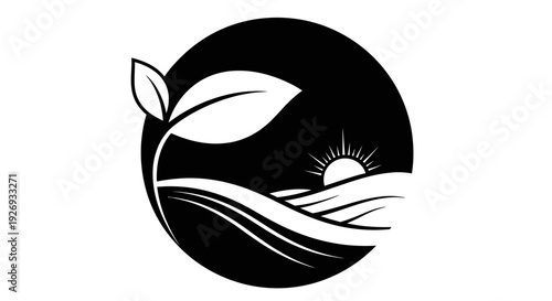 Minimalist Eco-Friendly Nature Logo with Sun, Leaf, and Fields on Isolated White Background