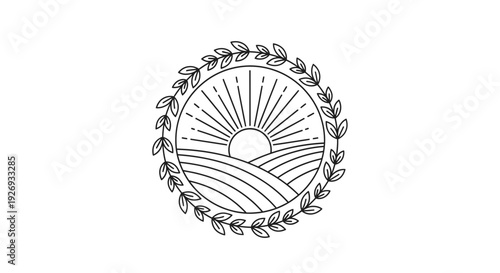 Line Art Organic Farm Logo with Sunrise Over Fields and Laurel Wreath on Isolated White Background