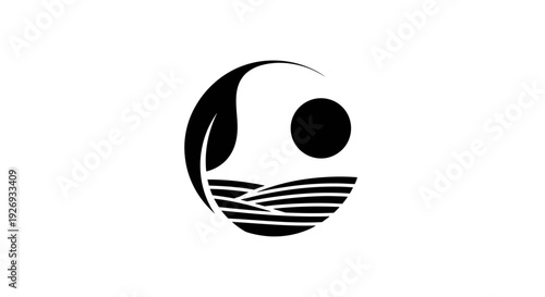 Minimalist Organic Farm Logo with Sun, Leaf, and Fields on Isolated White Background