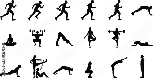 Fitness silhouettes collection, men and women workout exercises, running yoga weightlifting poses vector illustration isolated on white background set