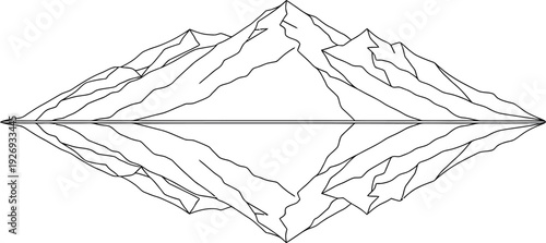 Minimalist black line art depiction of jagged mountain peaks perfectly reflected in calm water creating an abstract symmetrical geometric diamond shape on white background