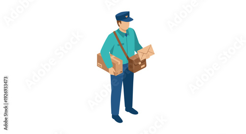 male postal worker holding parcel and envelope in flat isometric style for delivery concept