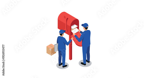 two mailmen in blue uniform collecting letters from a red mailbox isometric illustration