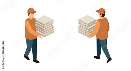 delivery person carrying multiple pizza boxes isometric style food delivery concept