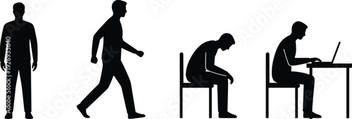 Man silhouette set standing walking sitting and working on laptop, male side view poses isolated on white background vector illustration collection